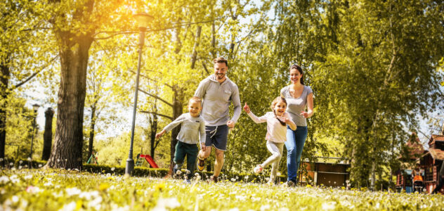 Cheerful family playing with their children's in the meadow. Family having fun in spring day.