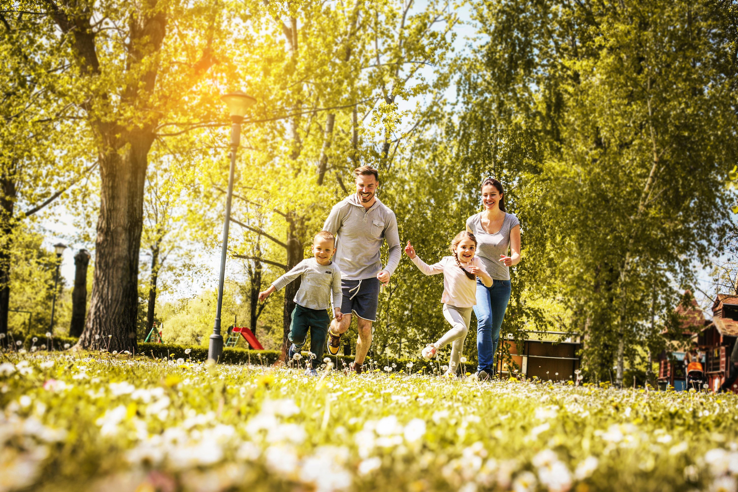 Cheerful family playing with their children's in the meadow. Family having fun in spring day.